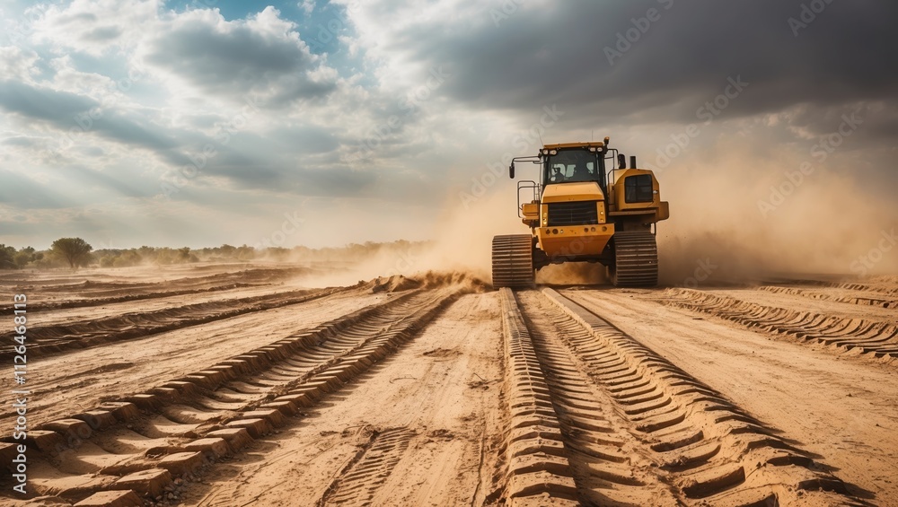 Heavy machinery moving across dusty terrain, leaving tire tracks, under cloudy sky with sunlight breaking through, highlighting construction site atmosphere. Heavy machinery moving across dusty terrain, leaving tire tracks, under cloudy sky with sunlight breaking through, highlighting construction site atmosphere.