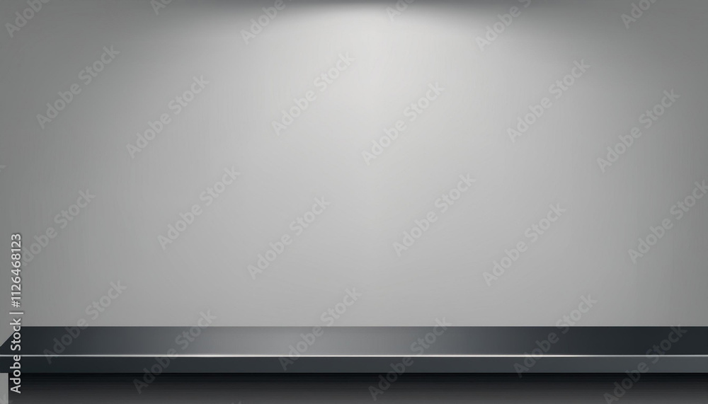 Black steel countertop, empty shelf. realistic mockup of table top, kitchen counter on gray background with spot light. Bar desk surface in foreground Black steel countertop, empty shelf. realistic mockup of table top, kitchen counter on gray background with spot light. Bar desk surface in foreground