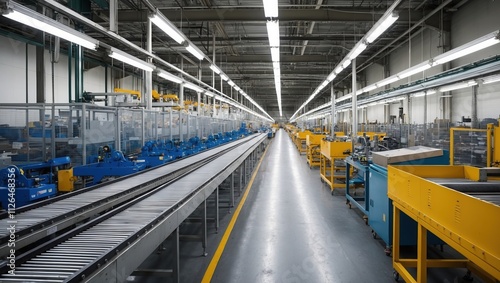 Expansive conveyor belt system in modern warehouse featuring organized workstations, bright lighting, and efficient industrial design.
