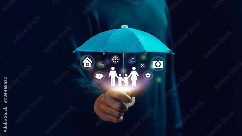 Life insurance and family protection concept: a family under a blue umbrella, symbolizing home, health, education, and financial assets for security, trust, and long-term stability.