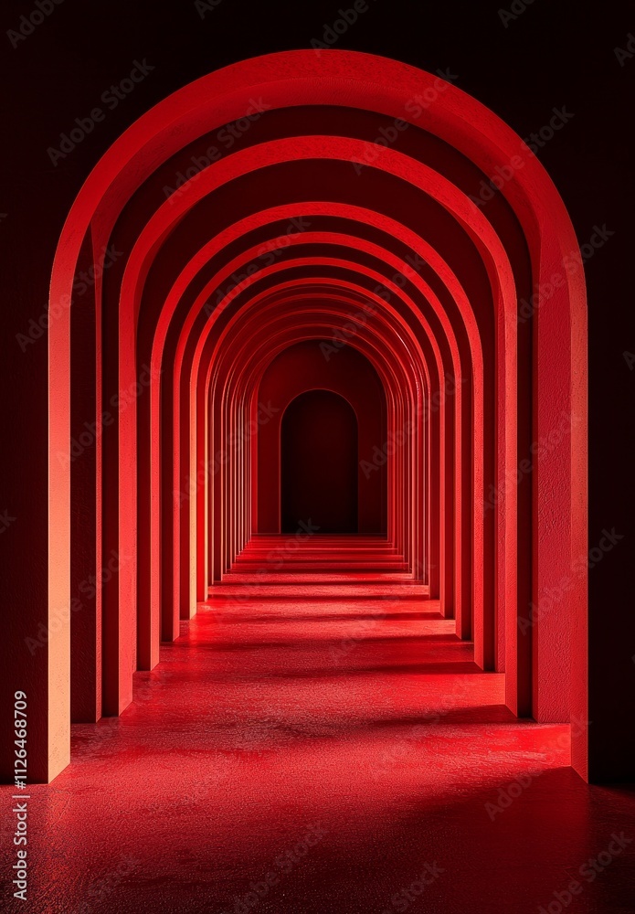 Fototapeta premium An arched corridor, minimalistic, in a red color scheme with a dark background and volumetric lighting. 