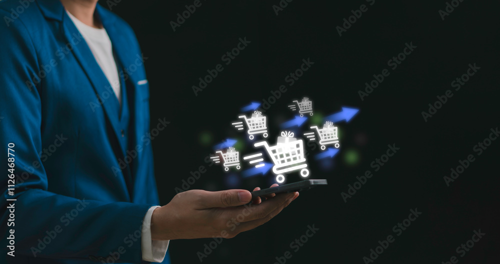 smartphone shopping online, shopping cart icon on mobile phone. purchase payment on internet. payment and shopping online, online banking digital technology, digital marketing.