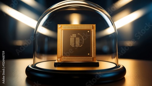 A stunning golden microchip displayed under a glass dome, symbolizing the fusion of technology and innovation. Soft ambient lighting enhances the intricate details and modern design photo