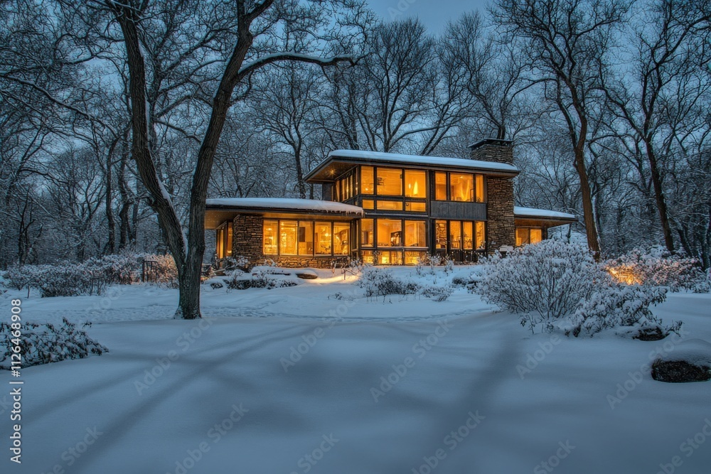 modern house in a snowy landscape at dusk modern house in a snowy landscape at dusk