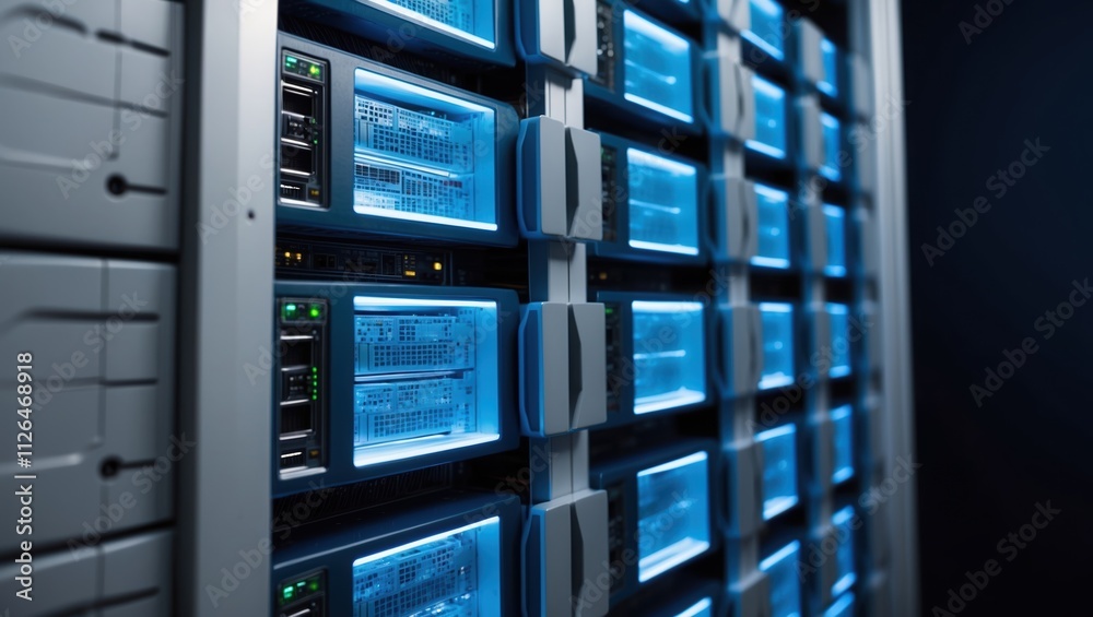 Modern data center featuring illuminated server racks with blue accents, showcasing advanced technology and efficient cooling systems. Modern data center featuring illuminated server racks with blue accents, showcasing advanced technology and efficient cooling systems.