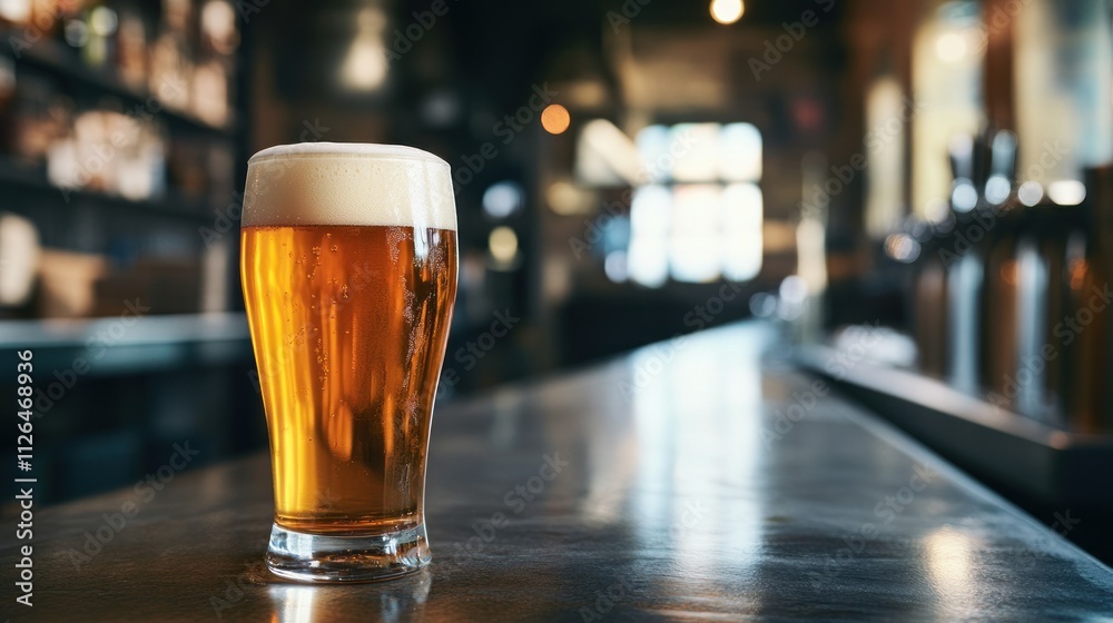 Glass of Beer on a Bar Counter Glass of Beer on a Bar Counter