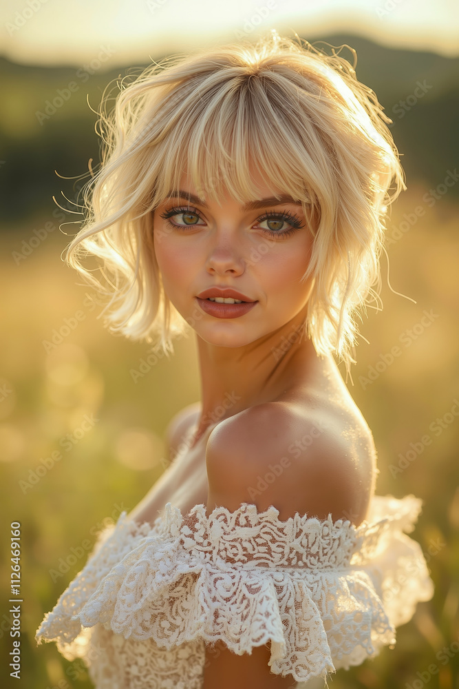 A woman in a white dress standing in a field of grass A woman in a white dress standing in a field of grass