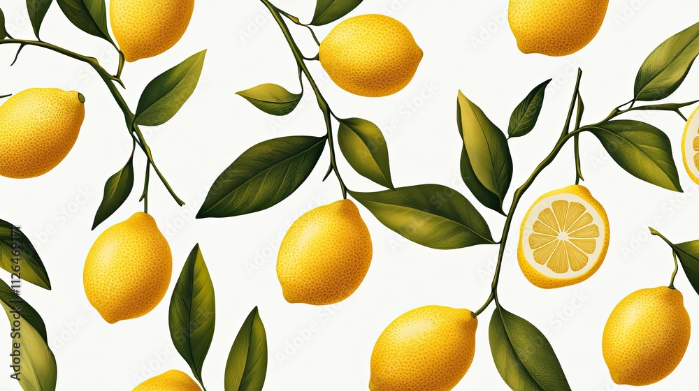 Vibrant Lemon Pattern with Fresh Fruits and Green Leaves on Soft Background Featuring Slices and Whole Lemons Vibrant Lemon Pattern with Fresh Fruits and Green Leaves on Soft Background Featuring Slices and Whole Lemons