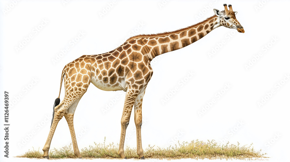 Fototapeta premium A tall and elegant giraffe with its long neck stretching gracefully on a pure white background.