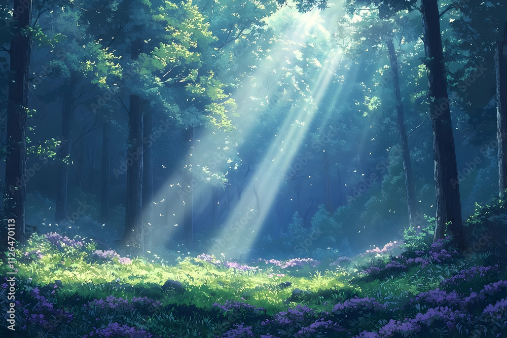 Sunbeams Illuminate Magical Forest Scene with Lush Greenery Sunbeams Illuminate Magical Forest Scene with Lush Greenery