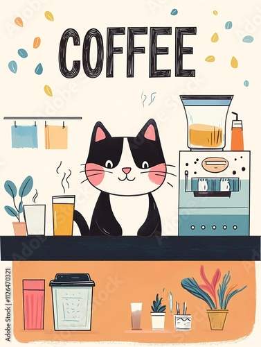 A cute black and white cat barista serving coffee in an urban cafe