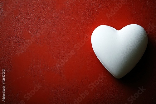 single white heart rests on bold matte red background softly glowing under diffused light with generous copy space photo