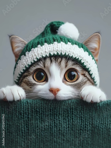 A close-up photo of an adorable cat wearing a Christmas-themed green and white knitted hat