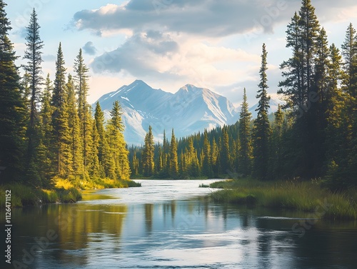 Tranquil river winding through a lush forest with snow-capped mountains in the distance.