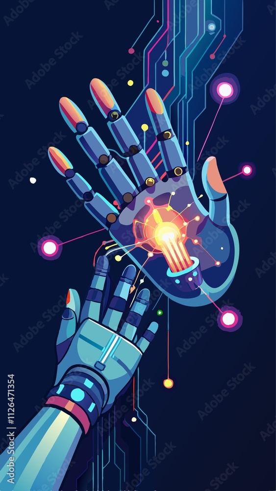 Obraz premium A robot hand is shown in the middle of a blue background with a green hand
