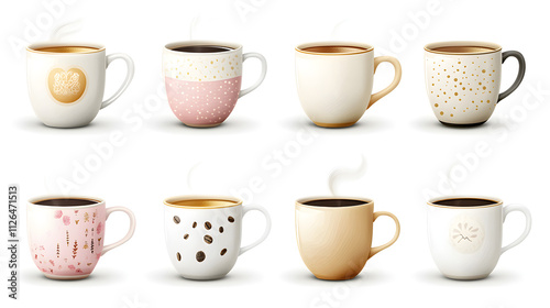 Eight Coffee Cups with Unique Designs - Hot Beverage Set