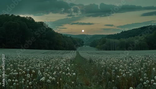 glowing moonlit field of flowers, each petal shimmering like tiny stars