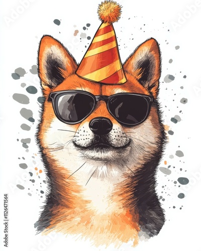 A cute shibu inu dog wearing a celebration party hat and sunglasses photo