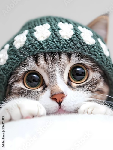 A close-up photo of an adorable cat wearing a Christmas-themed green and white knitted hat