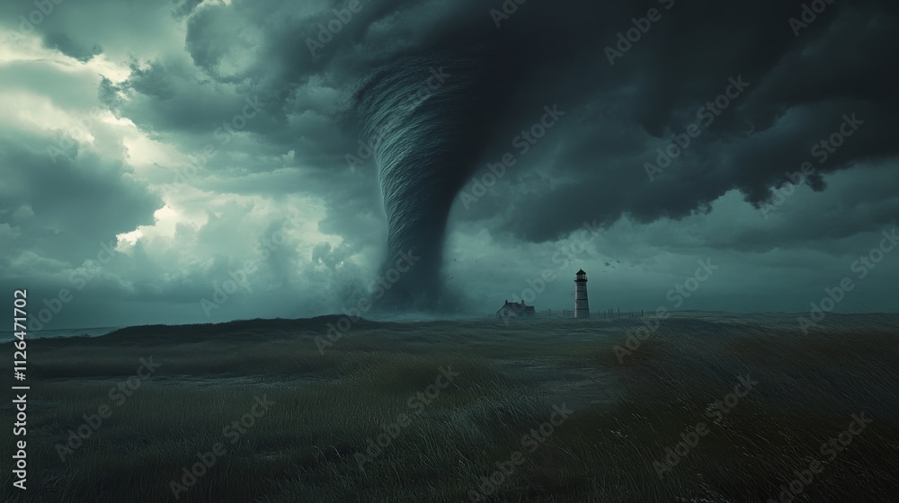 A tornado moving towards a distant bridge on a prairie, the bridge standing precariously against the storm A tornado moving towards a distant bridge on a prairie, the bridge standing precariously against the storm
