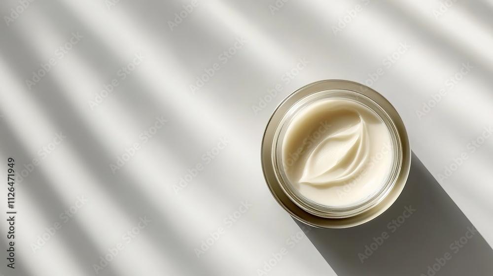 Top-view cream jar with sunlit stripes pattern, minimalist beauty concept.