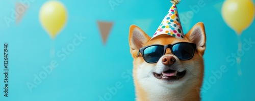 A cute shibu inu dog wearing a celebration party hat and sunglasses photo