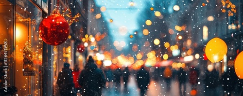 A festive winter shopping street scene with glowing lights and people
