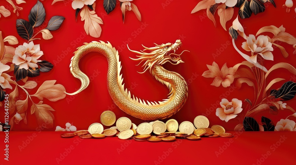 Golden Dragon Statue on Red Background Surrounded by Coins and Floral Design Symbolizing Prosperity and Wealth Golden Dragon Statue on Red Background Surrounded by Coins and Floral Design Symbolizing Prosperity and Wealth