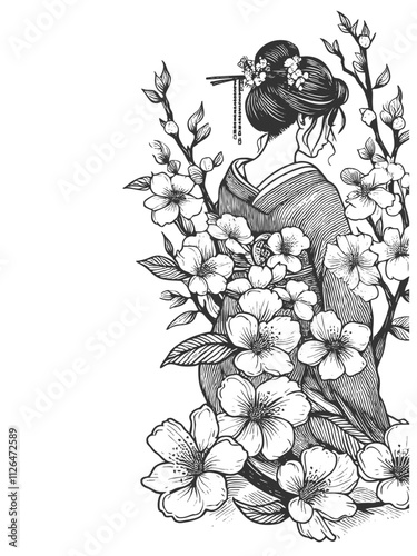 geisha in traditional kimono, surrounded by detailed blooming flowers and foliage sketch engraving generative ai fictional character vector illustration. Scratch board imitation. Black and white image