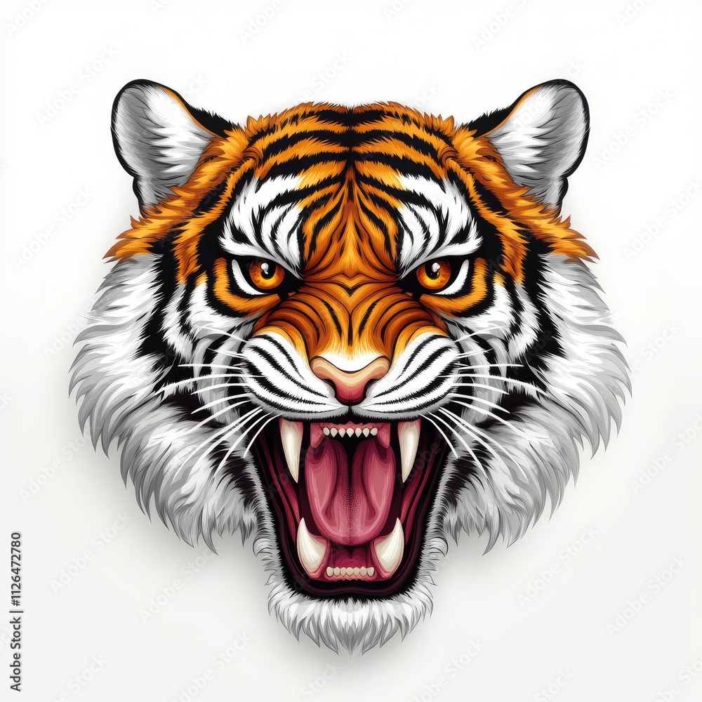 Obraz premium Majestic Tiger Head Illustration with Intense Expression and Striking Orange and Black Fur Details