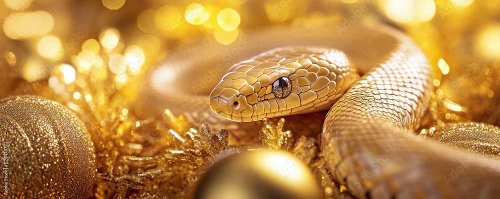 A gold snake wrapped around golden festive decorations. 2025 year of the snake