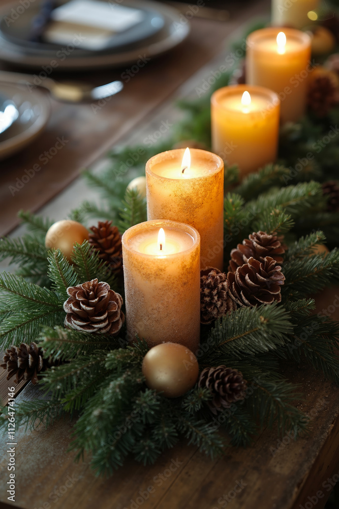 A table topped with candles and pine cones on top of a wooden table A table topped with candles and pine cones on top of a wooden table