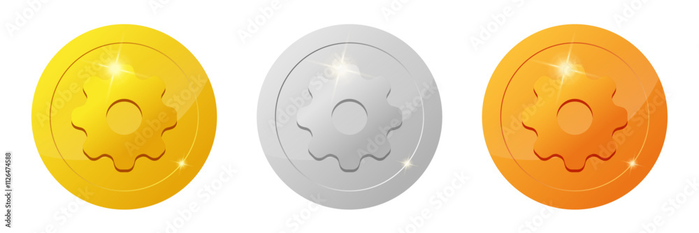 Fototapeta premium set of gaming coins design element. Gold, silver, bronze ranking medal coins. gear icon for video game UI or app animation. concept reward and cash treasure for casino