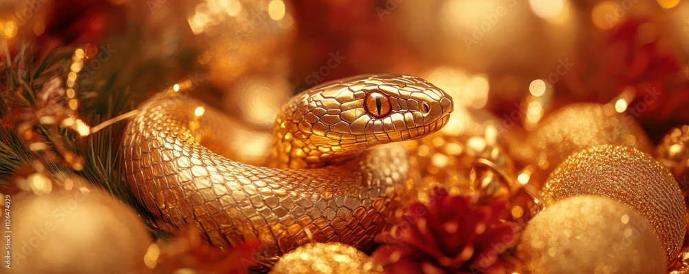 A gold snake wrapped around golden festive decorations. 2025 year of the snake A gold snake wrapped around golden festive decorations. 2025 year of the snake