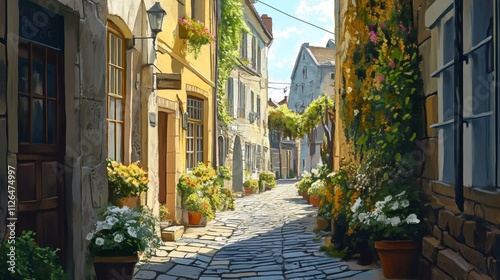 Fototapeta Naklejka Na Ścianę i Meble -  Charming cobblestone street colorful houses vibrant flowers sunlit alleyway picturesque European village