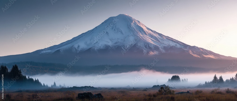 majestic snow-capped mountain at dawn with misty landscape majestic snow-capped mountain at dawn with misty landscape
