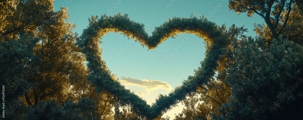 A heart-shaped frame made of trees, with the sky visible through them.