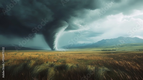 A tornado sweeping across a prairie with a distant mountain range partially covered in storm clouds, the contrast between the peaceful landscape and the violent storm rendered in photorealistic