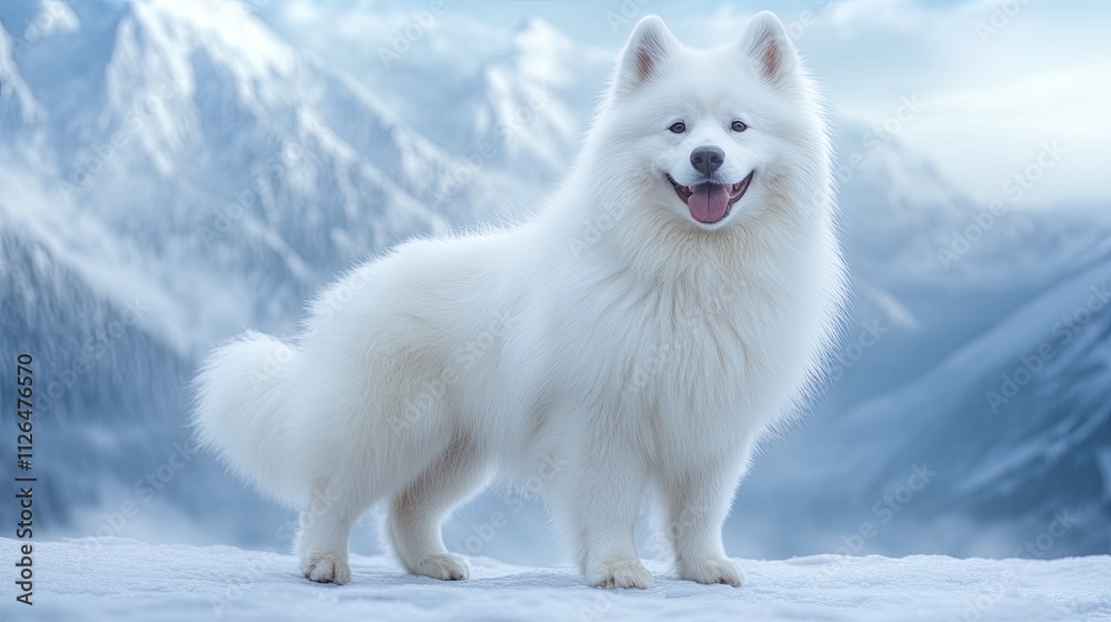 Beautiful white Samoyed dog standing majestically against a stunning snowy mountain backdrop in soft natural light Beautiful white Samoyed dog standing majestically against a stunning snowy mountain backdrop in soft natural light