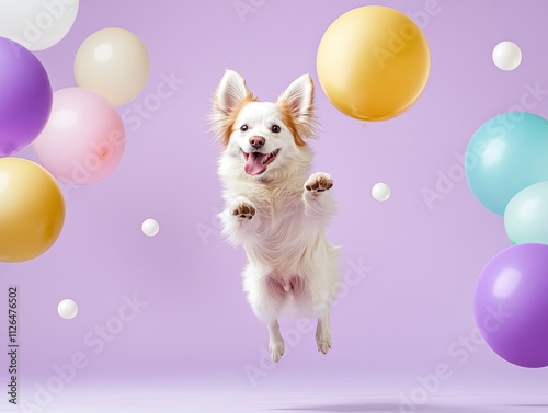 Happy dog jumping in the air with colorful balloons on a purple background, celebrating joy and playfulness in a festive mood