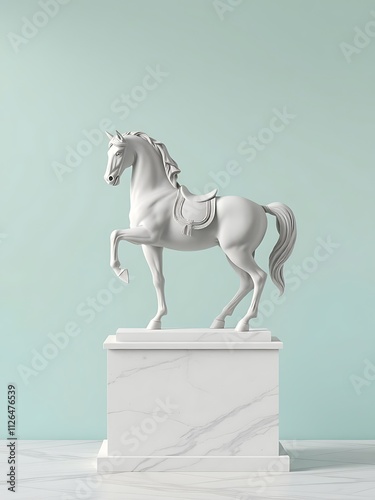 White Marble Horse Sculpture on Pedestal Against a Mint Green Wall. AI Generated