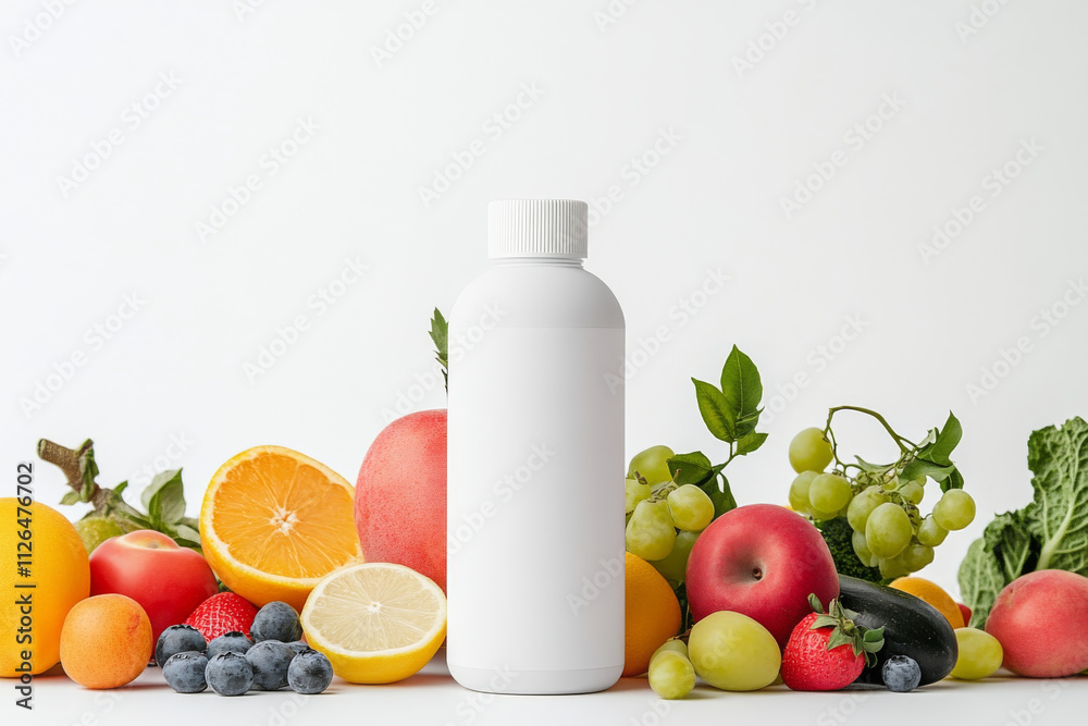 Fresh fruits surround blank bottle, creating vibrant and healthy scene. colorful assortment includes oranges, apples, grapes, and berries, evoking sense of vitality and wellness Fresh fruits surround blank bottle, creating vibrant and healthy scene. colorful assortment includes oranges, apples, grapes, and berries, evoking sense of vitality and wellness