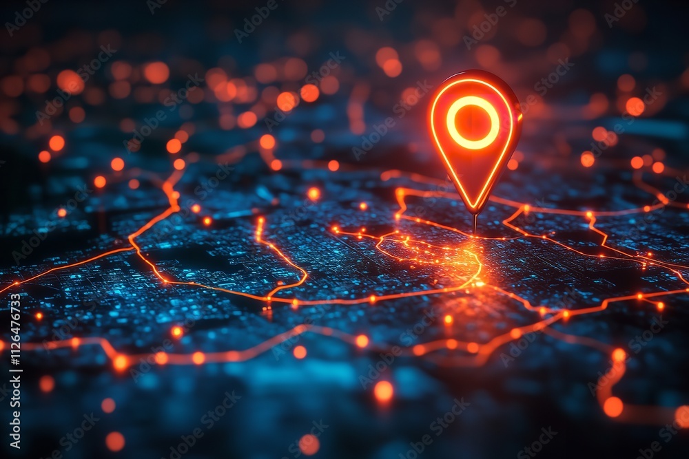Pin-route and digital GPS location on the map. Generative Ai