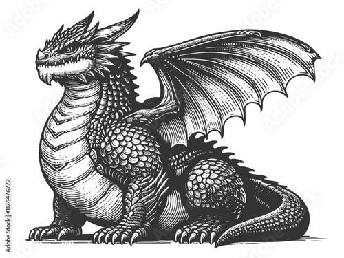Chubby faty dragon with intricate scales, wings, and regal expression, blending fantasy and artistry sketch engraving generative ai vector illustration. Scratch board imitation. Black and white image