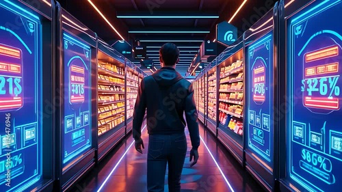 Futuristic Supermarket Aisle with Neon Digital Displays and a Man Walking Through a High-Tech Shopping Experience

 photo