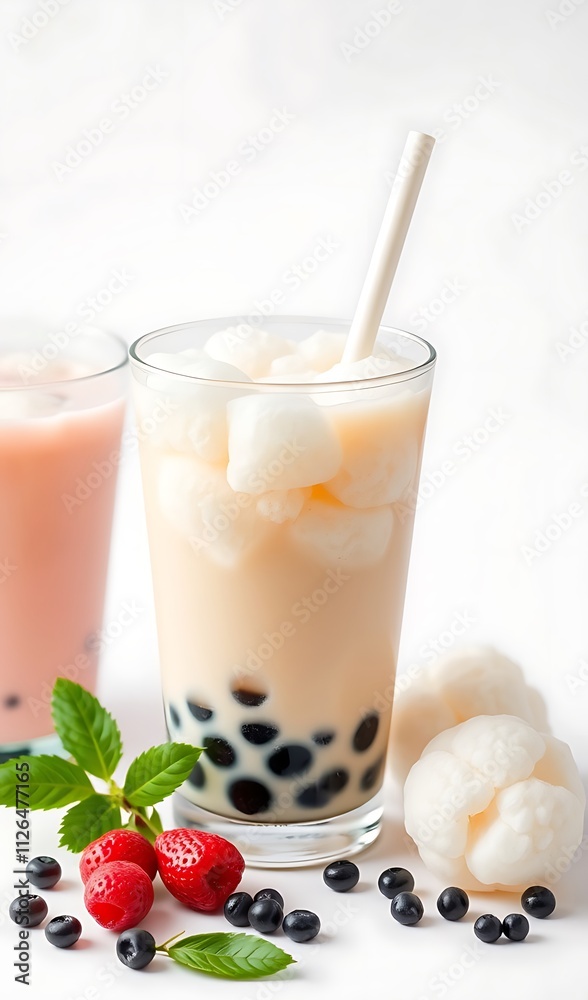 Refreshing Homemade Bubble Tea with Tapioca Pearls and Fresh Berries. AI Generated Refreshing Homemade Bubble Tea with Tapioca Pearls and Fresh Berries. AI Generated