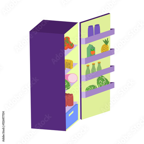 Open Refrigerator with Food. Overeating Guilty Pleasure. Late Snack on Midnight.Unhealthy Bad Habbits in Vector Illustration. Overweight Diet. Junk Food Addiction Banner Image.