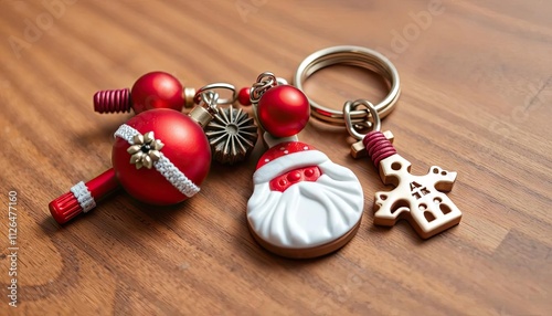 A festive keychain featuring Christmas-themed charms and decorations.