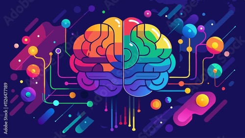 A colorful brain with a green stem and a blue and purple leaf