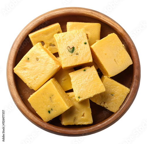 Indian sweets Soan Papdi in a wooden bowl. isolated on a transparent background, top view, PNG.